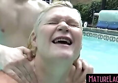 Mischievous elderly lady from the UK slobbers on a younger man's cock and then gets her pussy  drilled deep.