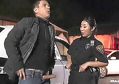 Bella Rolland, Mick Blue & Nicole Doshi stop and kiss before taking a hard pounding in the jail