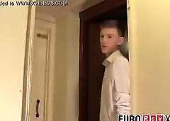 Twinks have a barebacking threeway in the public restroom