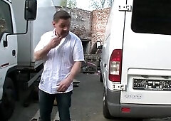 TRUCK DRIVER PARKED OUTSIDE THE WORKSHOP MEETS THE OWNER WHO DESIRES HIM TO SCREW HER OUTDOOR SCENE CUM ON BAZOOKAS