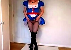 Blue cosplay outfit with latex boots and fishnets