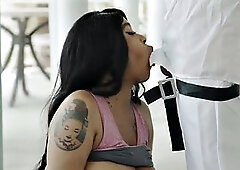 Curvy ebony cougar rammed in bathroom after workout