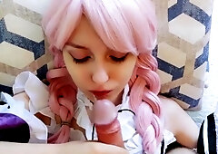 Filled with sperm on the face of a cute maid