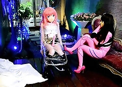 Blonde and brunette lesbian girls licking and toying