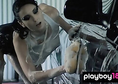 The skinny driver Romina Cisneros washes the limo and shows her big tits