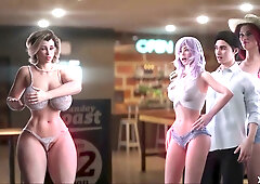 Redhead and blondes in neon-lit roleplay with intense POV close-ups