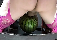 trans fucking a watermelon and cum