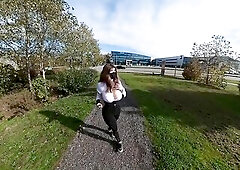 Crossdresser flashing tits by the side of a busy highway