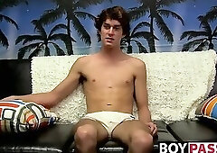 Skinny dude takes his undies off and wanks after interview