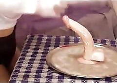 deepthroating dildo with loads of cum as lubep