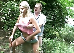 Youthful golden-haired gives her cunt to a depraved grandad in a restaurant and public park