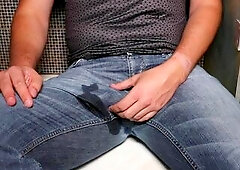 Guy pissing on jeans and masturbation with spunk flow