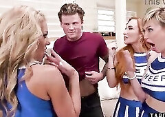 Teen hunk busted spying on cheerleader MILFs and they really liked it