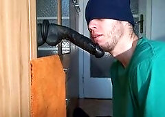 Massive 8-inch dildo goes all the way down the throat and cums