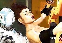 Naughty robotic shemale dominates a stunning busty brunette in a futuristic lab