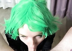 Sexy hawt green haired tattooed doxy Sunako K sucked her boyfriend's weenie, widen her legs, showed off her hawt bald vagina and enjoyed as the h