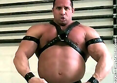 Tony Maxim Flexing and Posing Wearing A Leather Harness And Armbands