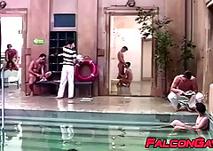 Andrej gulps down Michal's uncut cock in the middle of a public pool