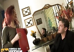 Brunette hair t-girl rides a stud and one as well as the other bang all constricted holes of a redhead secretary