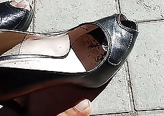 Playing with my leather open toe heels mules