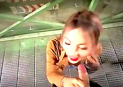 Slutty tranny fucked raw in a public alley POV