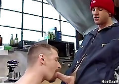 Gay porn with two hunks fucking in the body shop