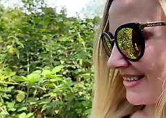 Voluptuous blonde caught on camera relieving herself in the woods before meeting Joss Lescaf
