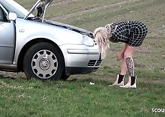 German woman in lingerie seduces stranger during car breakdown outdoors