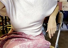 Hawt Wife try on haul braless, sitting in a bar braless, pierced nipps, natural boobs