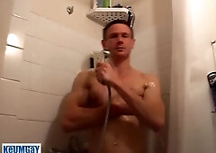 Fabulous bulky ash-blonde dude is tugging in a bathroom.