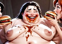 Overweight unattractive woman fastened in servitude, absolutely abased by 2 breathtaking cuties. They cover her heavy body with food, smearing it on h