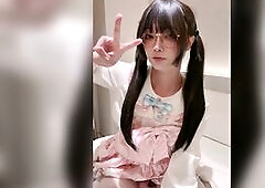 Cute large-wang femboy Aroma jerks off in a pink costume and cums