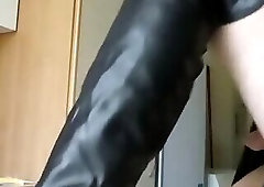German Teen crossdresser loves leather clothes