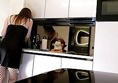 Sexy hawt lengthy legs brunette hair wife in ebony and red fishnet nylons with a satin nightie teases in the kitchen