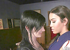 Classy TS beauty strap on dildo drilled by inked honey