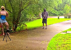 Big faux milk cans crossdresser behind-the-episodes photoshoot in public gettting caught