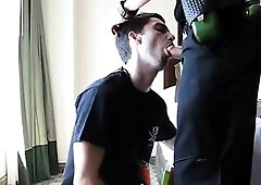 Big-cock amateur face fucks in hotel, cums in mouth.