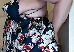 Taracarrider in Panythose long dress takes a dildo stuck in the wall in her ass