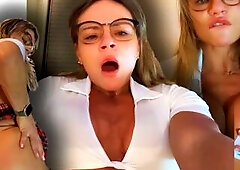 I flip up my red plaid petticoat and ride u in POV grinding, abs flexing, large breasts bouncing without my crop top. I finish so hard my glasses slid