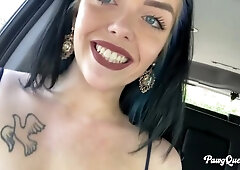 Lusty doll with impressive melons Pawg Queen poses in the car