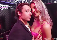 Mandy Rhea surrenders to passion with Tony Rubino and another man in a party bathroom