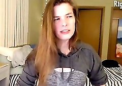 cute brunette transwoman with small tits strokes her cock on webcam