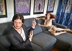 Freckled redhead with tattoos gives intense blowjob with feet in frame