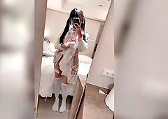 Cute large-wang femboy Aroma jerks off in a pink costume and cums