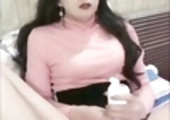 gorgeous insane asian she-male masturbating with a jerk off machin