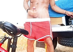 Fit stud Shaving his dick and masturbating in a public road - Risky Spunk fountain