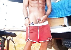 Fit stud Shaving his dick and masturbating in a public road - Risky Spunk fountain