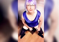 Pantyluvn sissy riding her sex tool and giving u cummies wearing blue satin suit, ebony g-string and nylons.