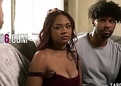 Black babysitter double banged by her boyfriend and a neighbour