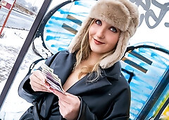 Sexy blonde flashing tits at the bus stop - Chloe Chevalier